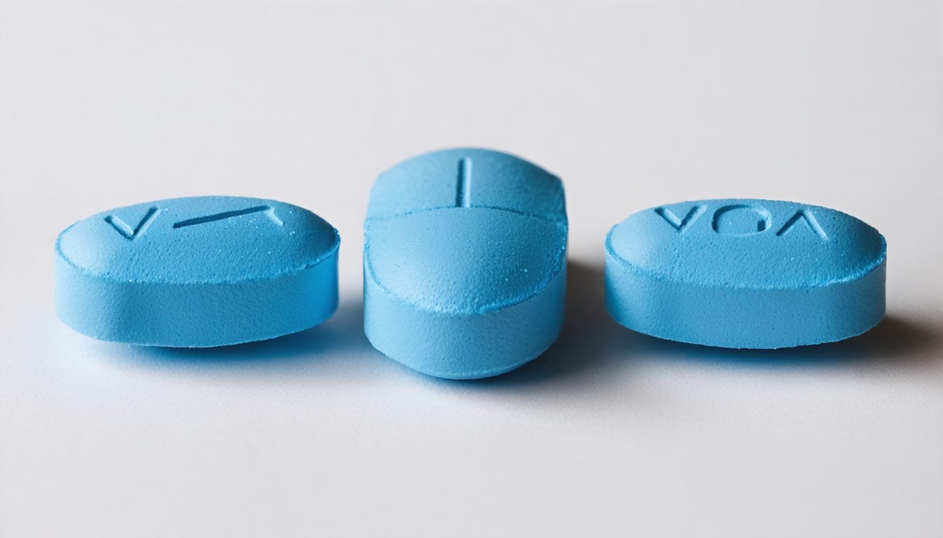 Blue Viagra pill on a white background next to a glass of water, symbolizing treatment for erectile dysfunction